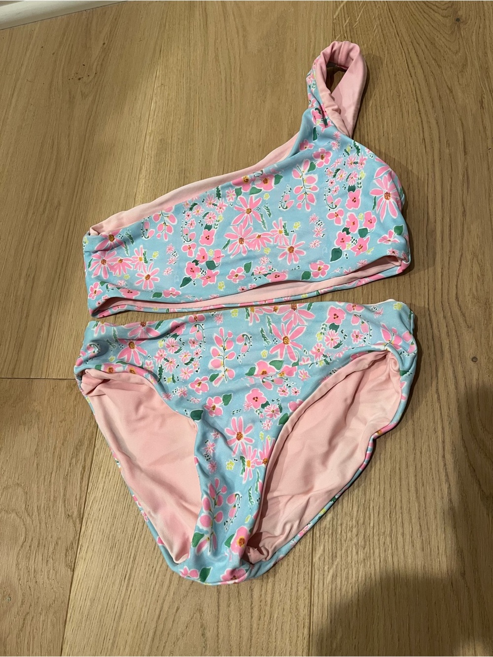 Snapper Rock Girls One-Shoulder Floral Bikini in Pink and Blue